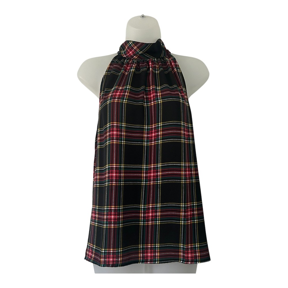 J.Crew Factory Plaid Sleeveless Tie Neck Tartan Dressy Blouse 4 Excellent - Picture 2 of 8